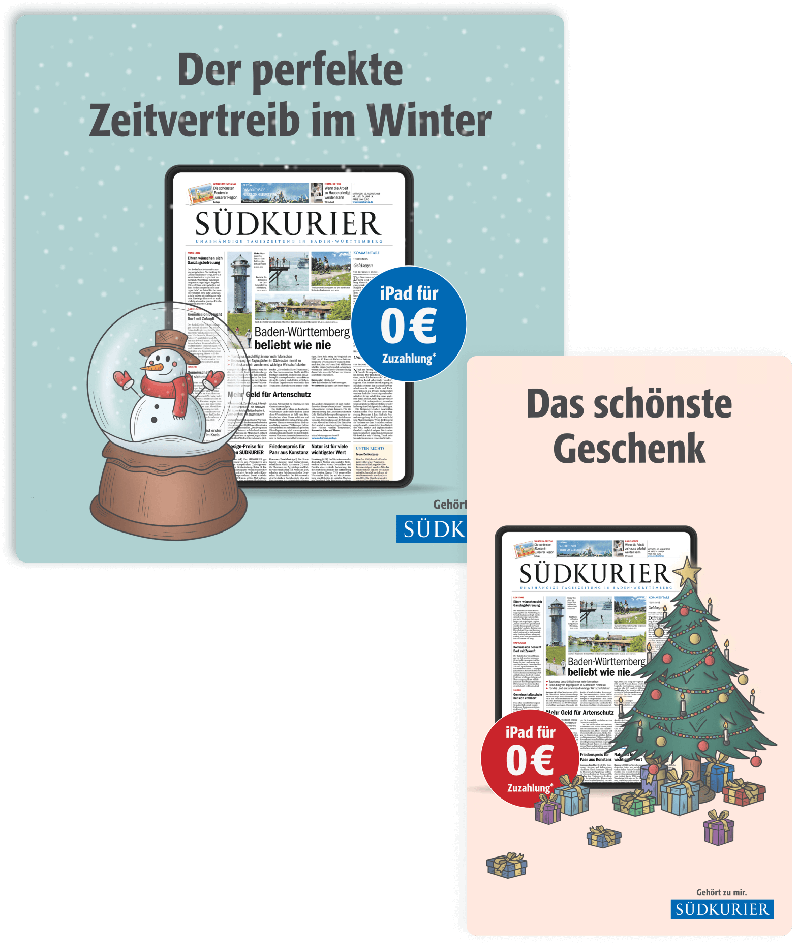 Custom illustration ad design in square and story format for SÜDKURIERs Winter and Christmas Bundle campaign, featuring custom Winter-themed illustrations and promotional messaging.